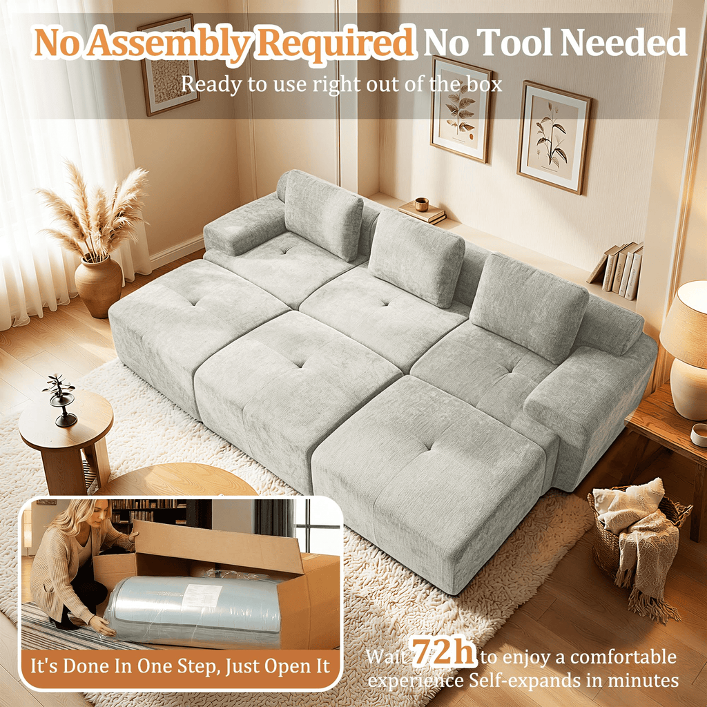 159" Modular Sectional Sofa,Cloud Couch with Extra Deep Seat & High Back,No Assembly,Soft Chenille Fabric,Memory Foam Couch for Living Room ,U shaped(4+2),Light Gray