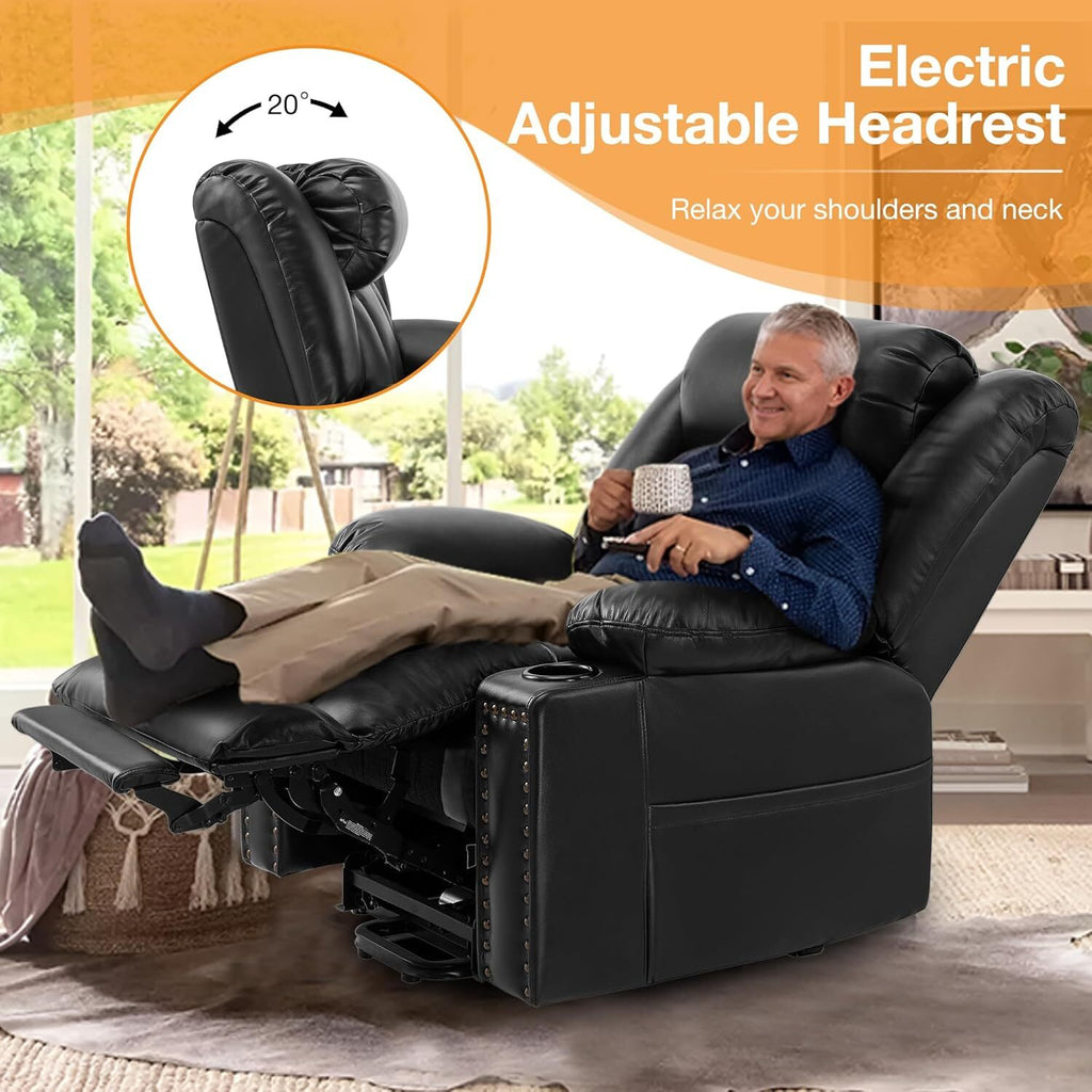 Triple Motor Power Lift Recliner Chair for Elderly with Heat & Vibration Massage,Extended Footrest,USB-A & USB-C Ports,Faux Leather,Black