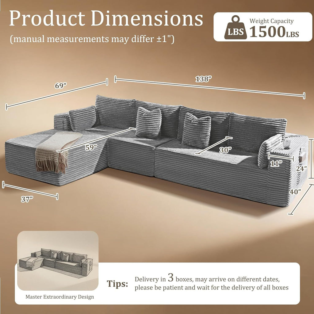 138"Modular Cloud Sectional Sofa with Chaise,Extra Deep Seat Corduroy Couch,Memory Foam,No Assembly,Living Room & Apartment,Light Gray