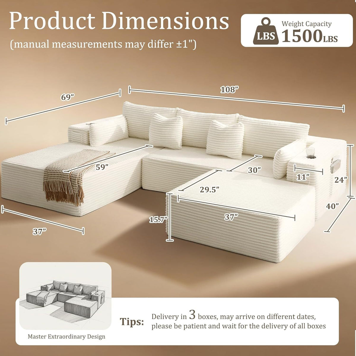 108"Modular Cloud Sectional Sofa with Chaise,Extra Deep Seat Corduroy Couch,Memory Foam,No Assembly,Living Room & Apartment,Beige