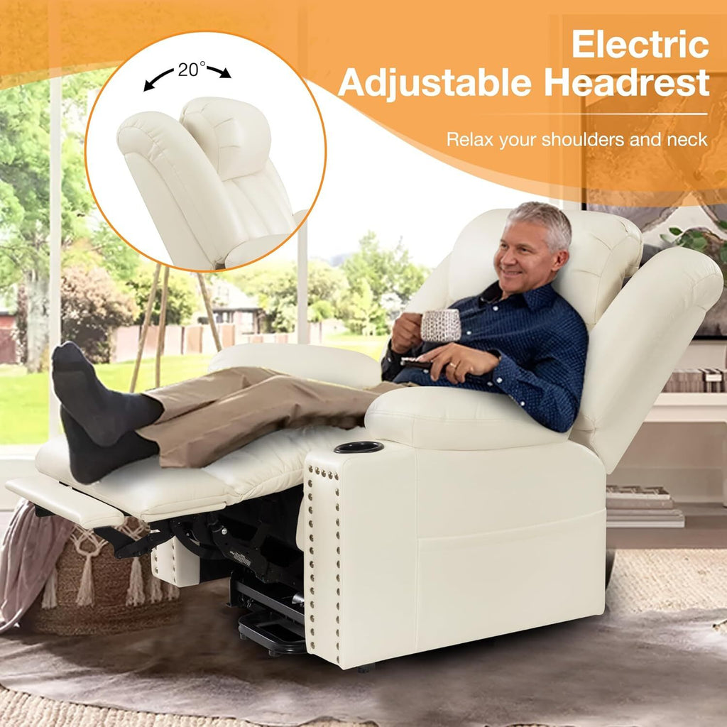 Triple Motor Power Lift Recliner Chair for Elderly with Heat & Vibration Massage,Extended Footrest,USB-A & USB-C Ports,Faux Leather,Beige
