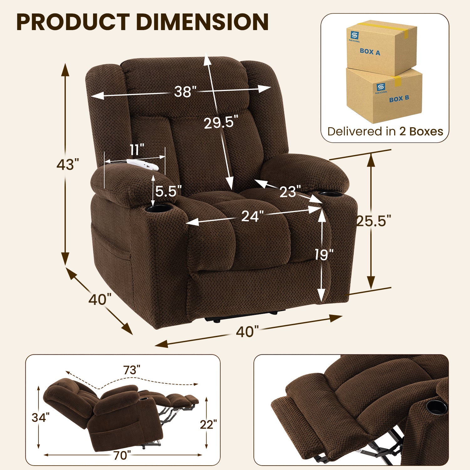 Power Lift Recliner Chair for Elderly with Heating & Vibration Massage, Large Wide Heavy Duty Extended Footrest for Big & Tall, 2 Cup Holders & Side Pockets Plush Flannel,Dark Brown