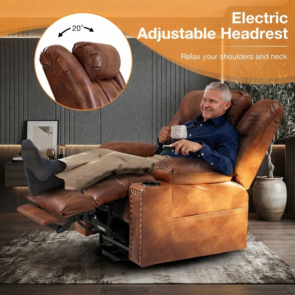 Triple Motor Power Lift Recliner Chair for Elderly with Heat & Vibration Massage,Extended Footrest,USB-A & USB-C Ports,Faux Leather,Light Brown
