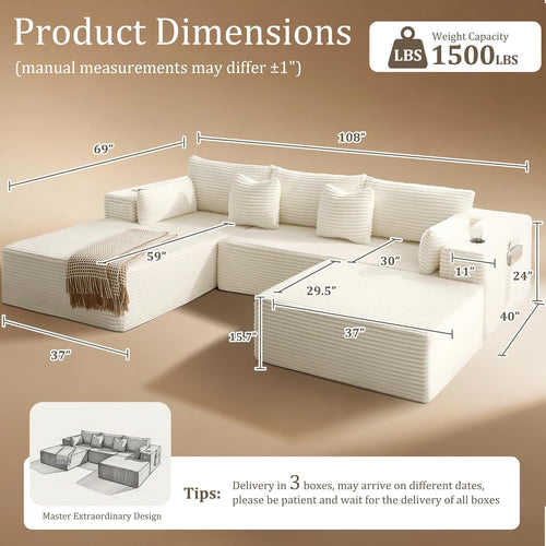 108"Modular Cloud Sectional Sofa with Chaise,Extra Deep Seat Corduroy Couch,Memory Foam,No Assembly,Living Room & Apartment,Beige
