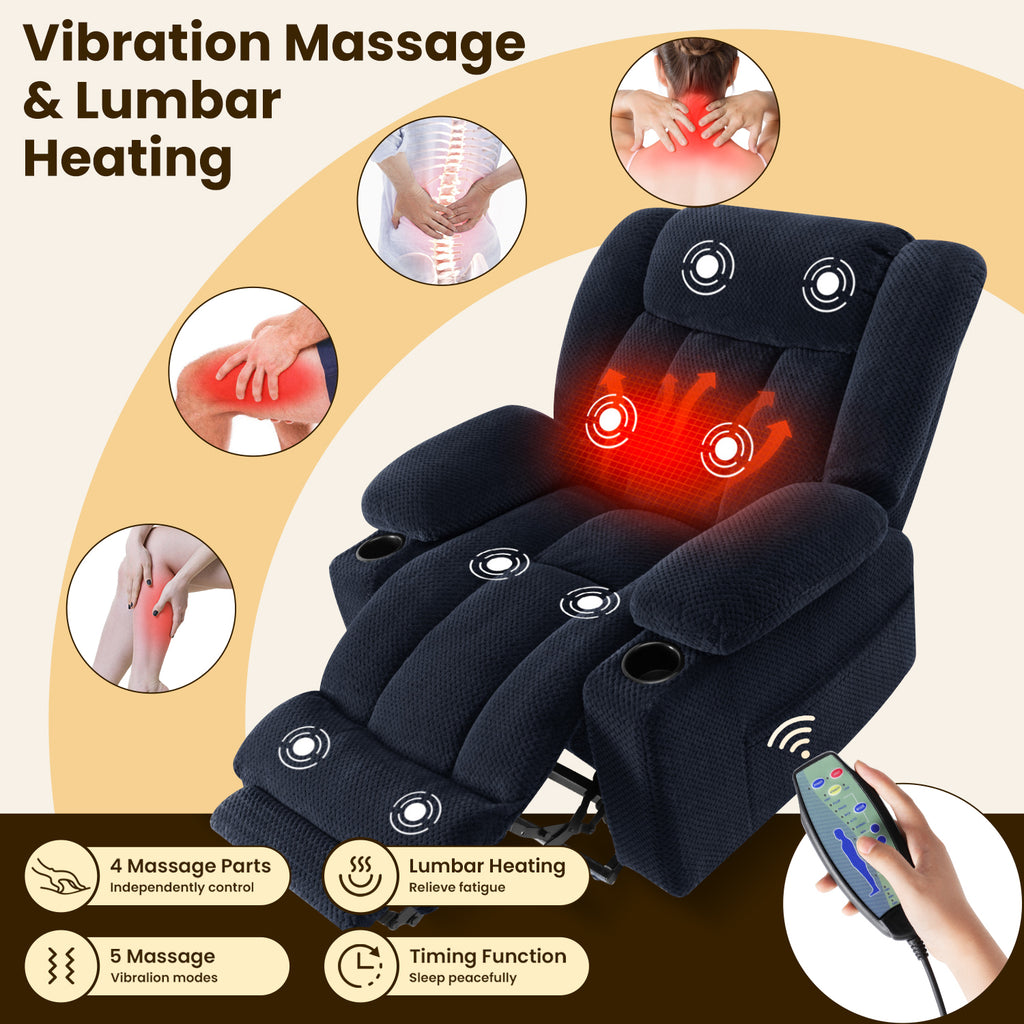 Power Lift Recliner Chair for Elderly with Heating & Vibration Massage, Large Wide Heavy Duty Extended Footrest for Big & Tall, 2 Cup Holders & Side Pockets Plush Flannel,Blue