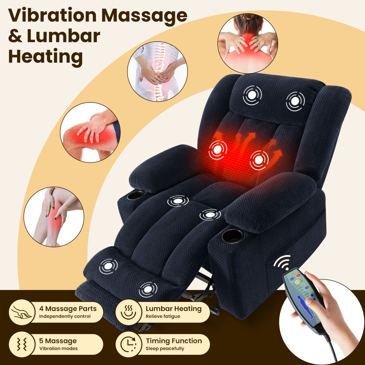 Power Lift Recliner Chair for Elderly with Heating & Vibration Massage, Large Wide Heavy Duty Extended Footrest for Big & Tall, 2 Cup Holders & Side Pockets Plush Flannel,Blue