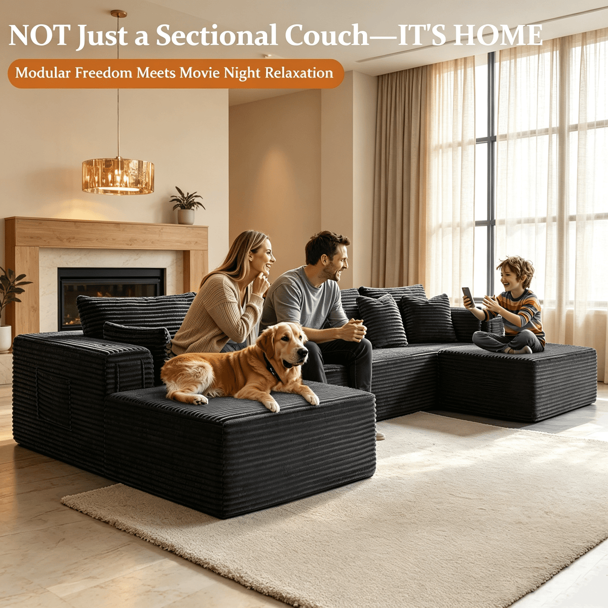 108"Modular Cloud Sectional Sofa with Chaise,Extra Deep Seat Corduroy Couch,Memory Foam,No Assembly,Living Room & Apartment,Dark Gray