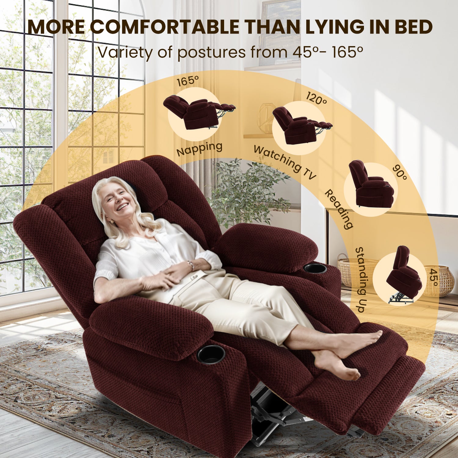 Power Lift Recliner Chair for Elderly with Heat & Massage, Large Wide Heavy Duty Electric Lift Chair with Extended Footrest, Plush Flannel Recliner with Cup Holders and Side Pockets, Red