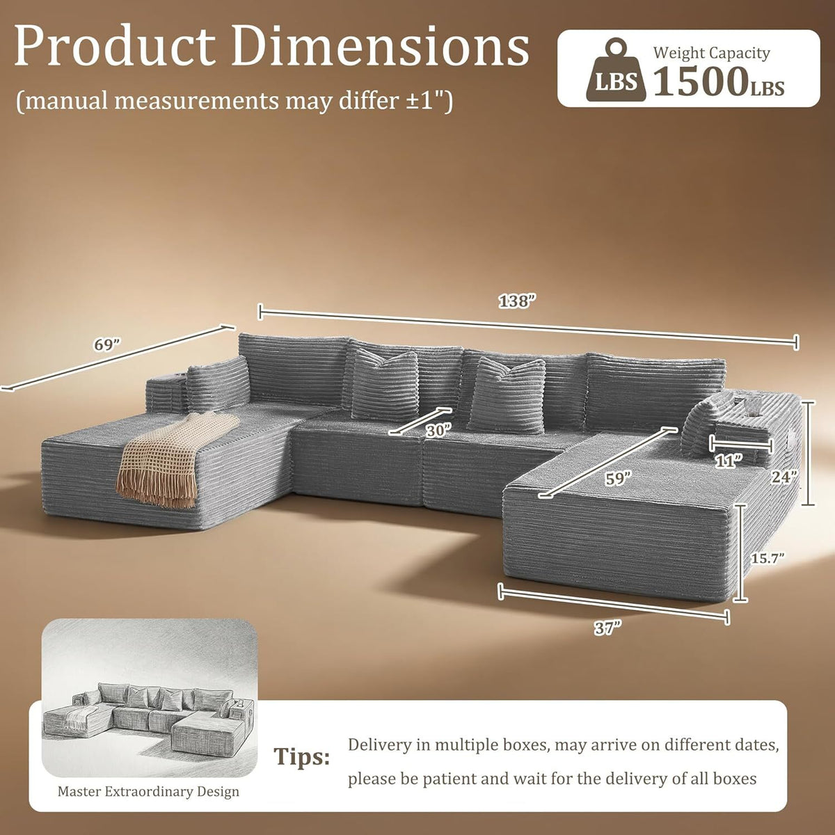 38"Modular Cloud Sectional Sofa with Chaise,Extra Deep Seat Corduroy Couch,Memory Foam,No Assembly,Living Room & Apartment,Light Gray