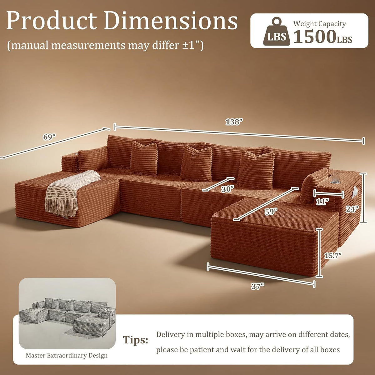 138"Modular Cloud Sectional Sofa with Chaise,Extra Deep Seat Corduroy Couch,Memory Foam,No Assembly,Living Room & Apartment,Orange