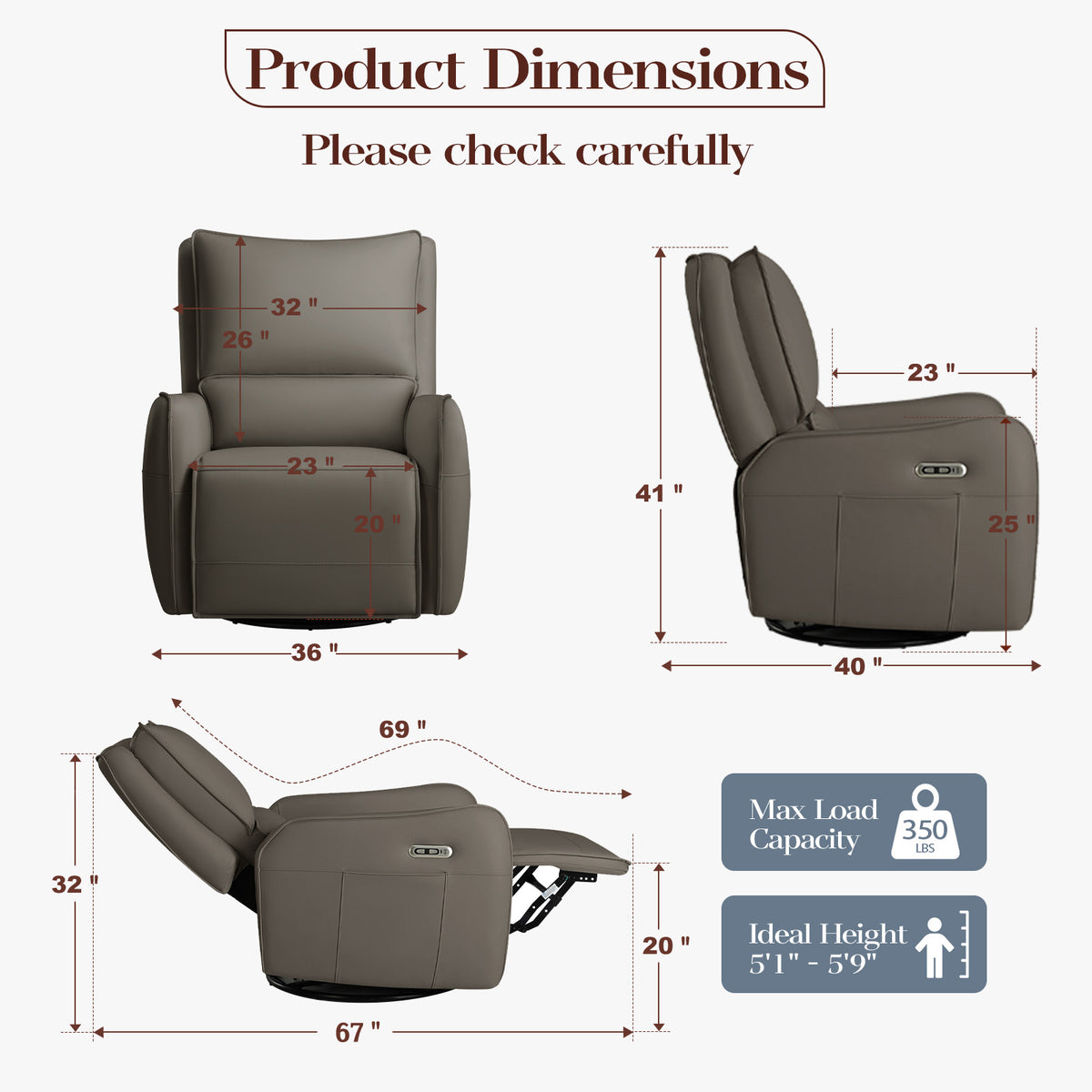 Power Recliner Gliders for Nursery, Electric Swivel Rocker Recliner Chair, Comfy Upholstered Living Room Reclining Rocking Chairs with Lumbar Support