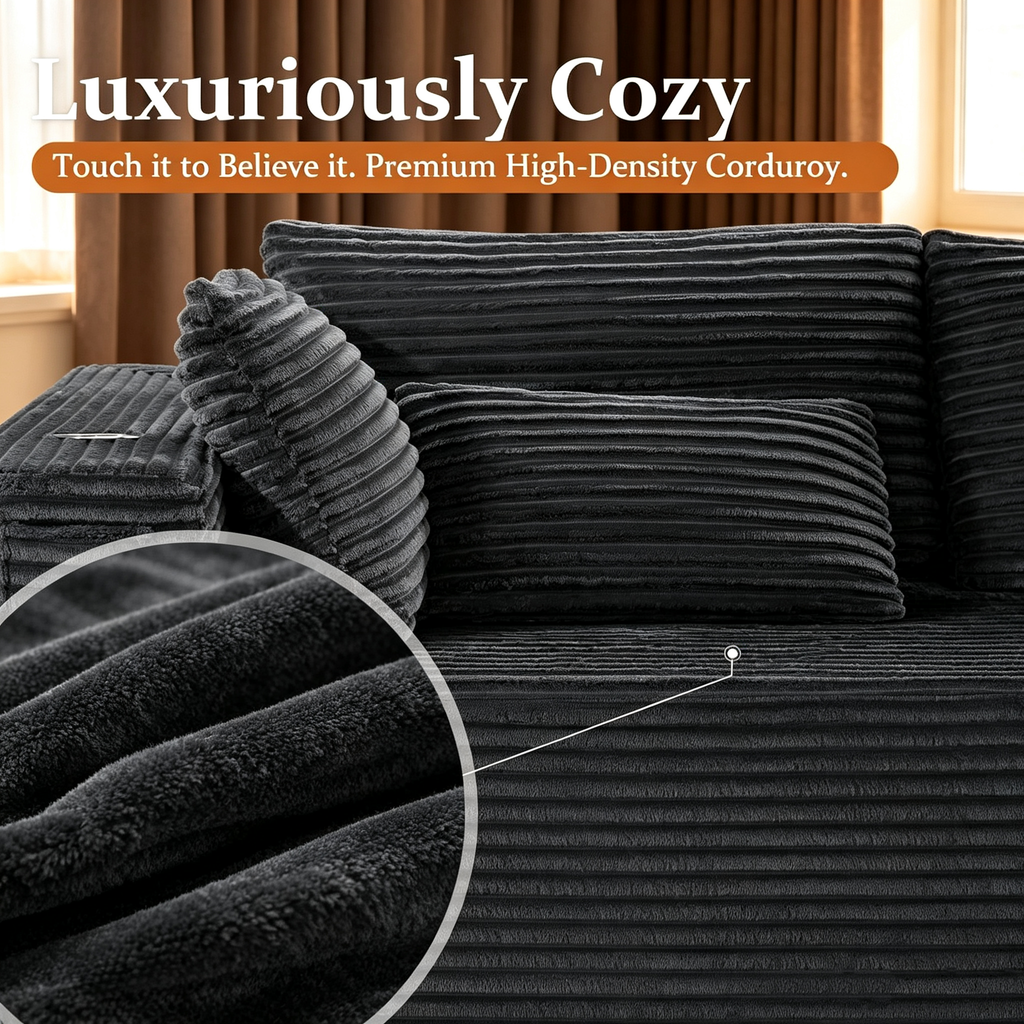 108"Modular Cloud Sectional Sofa with Chaise,Extra Deep Seat Corduroy Couch,Memory Foam,No Assembly,Living Room & Apartment,Black