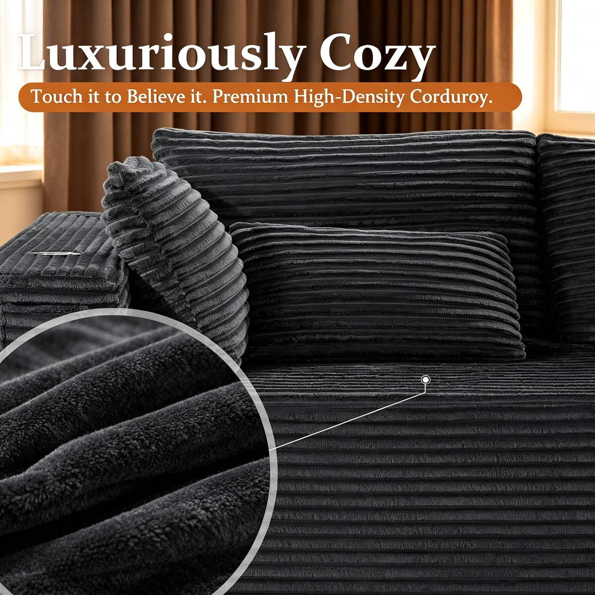 108"Modular Cloud Sectional Sofa with Chaise,Extra Deep Seat Corduroy Couch,Memory Foam,No Assembly,Living Room & Apartment,Black