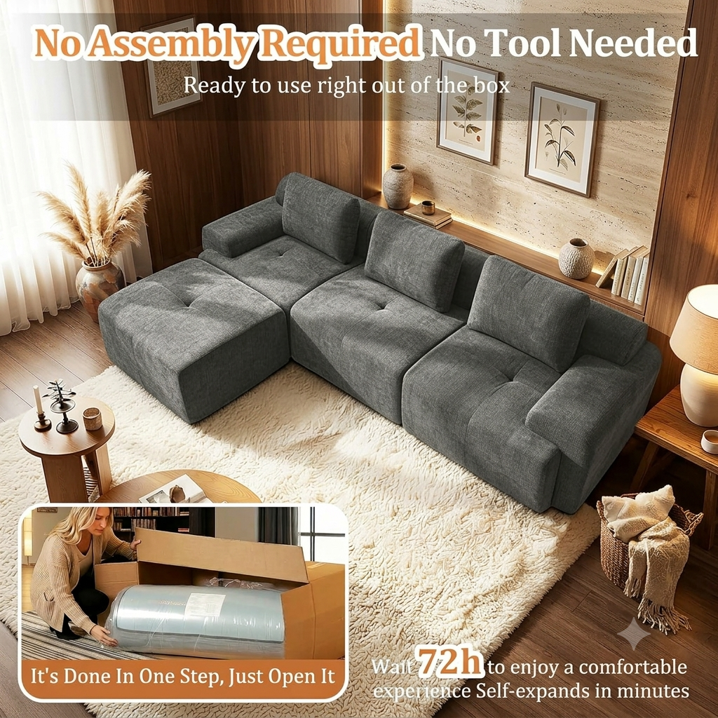 122" Modular Sectional Sofa,Cloud Couch with Extra Deep Seat & High Back,No Assembly,Soft Chenille Fabric,Memory Foam Couch for Living Room ,(3+0),Dark Gray