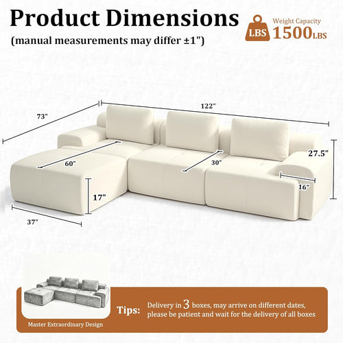 122" Modular Sectional Sofa,Cloud Couch with Extra Deep Seat & High Back,No Assembly,Soft Chenille Fabric,Memory Foam Couch for Living Room ,L shaped(3+1),Beige