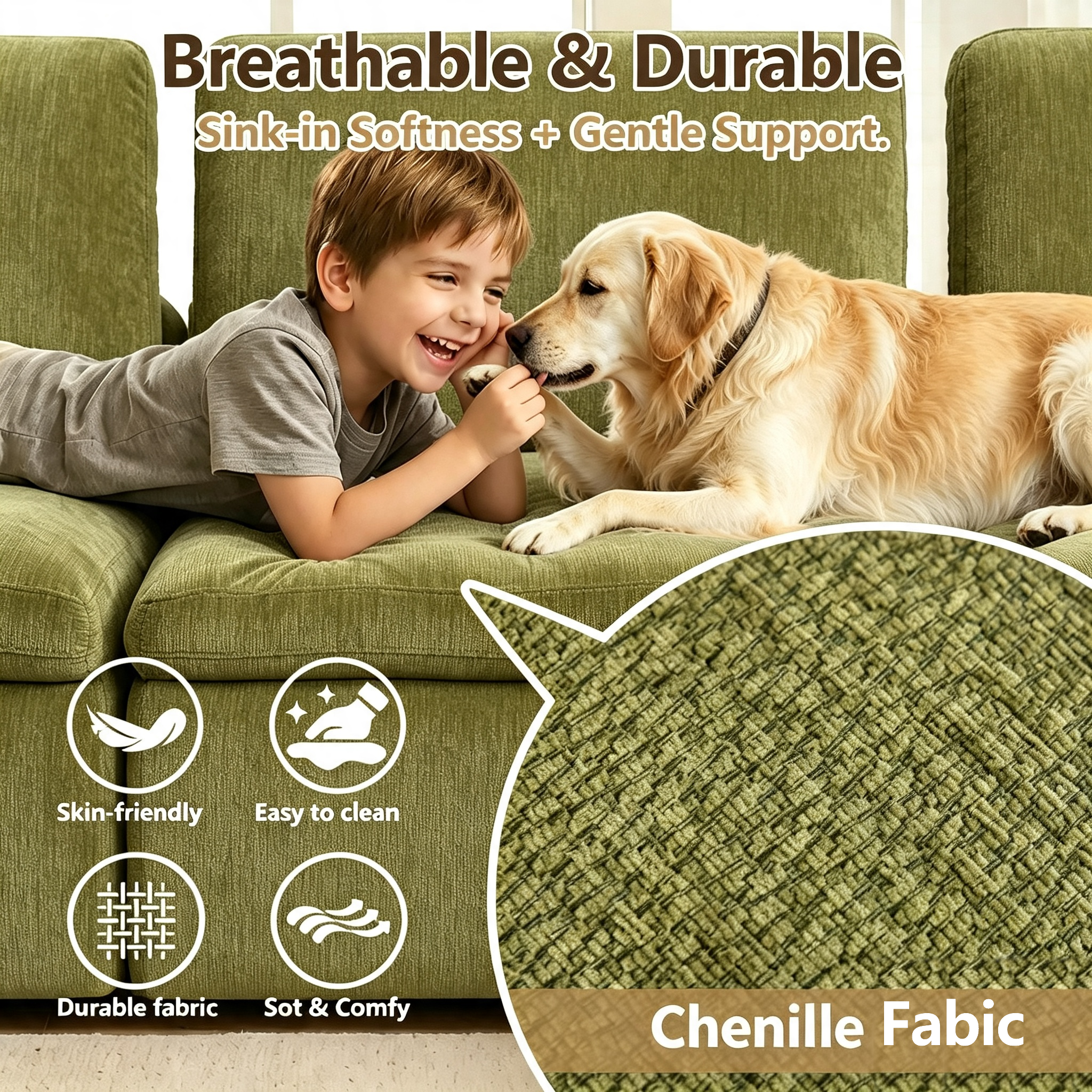110" Modular Sectional Sofa with Ottoman,Boneless Cloud Couch with Double-Layer Memory Foam and Chenille Fabric,Deep Seat Comfortable Sofa for Living Room,Olive Green,5 Seater- U shaped