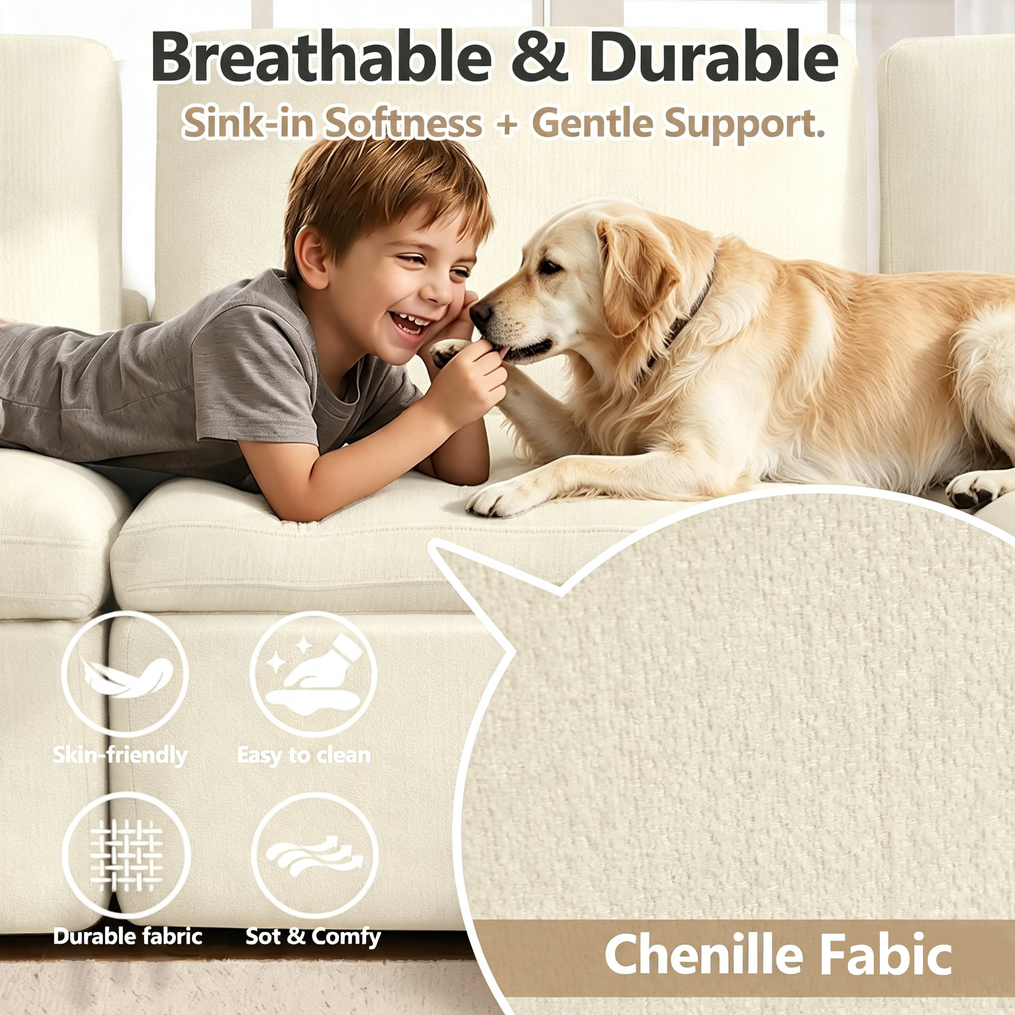 7-Seater Modular Sectional Sofa with Ottoman,Boneless Cloud Couch with Double-Layer Memory Foam and Chenille Fabric,Deep Seat Comfortable Sofa for Living Room,White,175 inch- U shaped