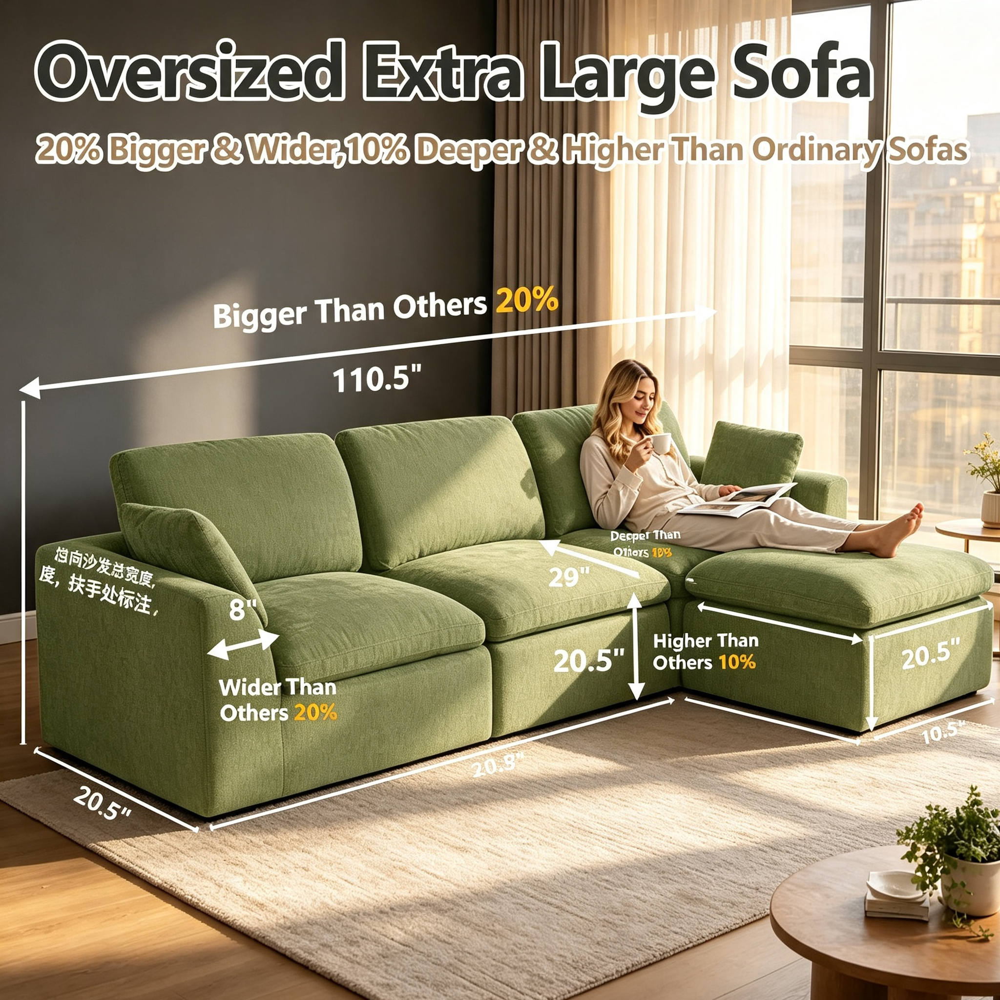 110" Modular Sectional Sofa with Ottoman,Boneless Cloud Couch with Double-Layer Memory Foam and Chenille Fabric,Deep Seat Comfortable Sofa for Living Room,Olive Green,5 Seater- U shaped