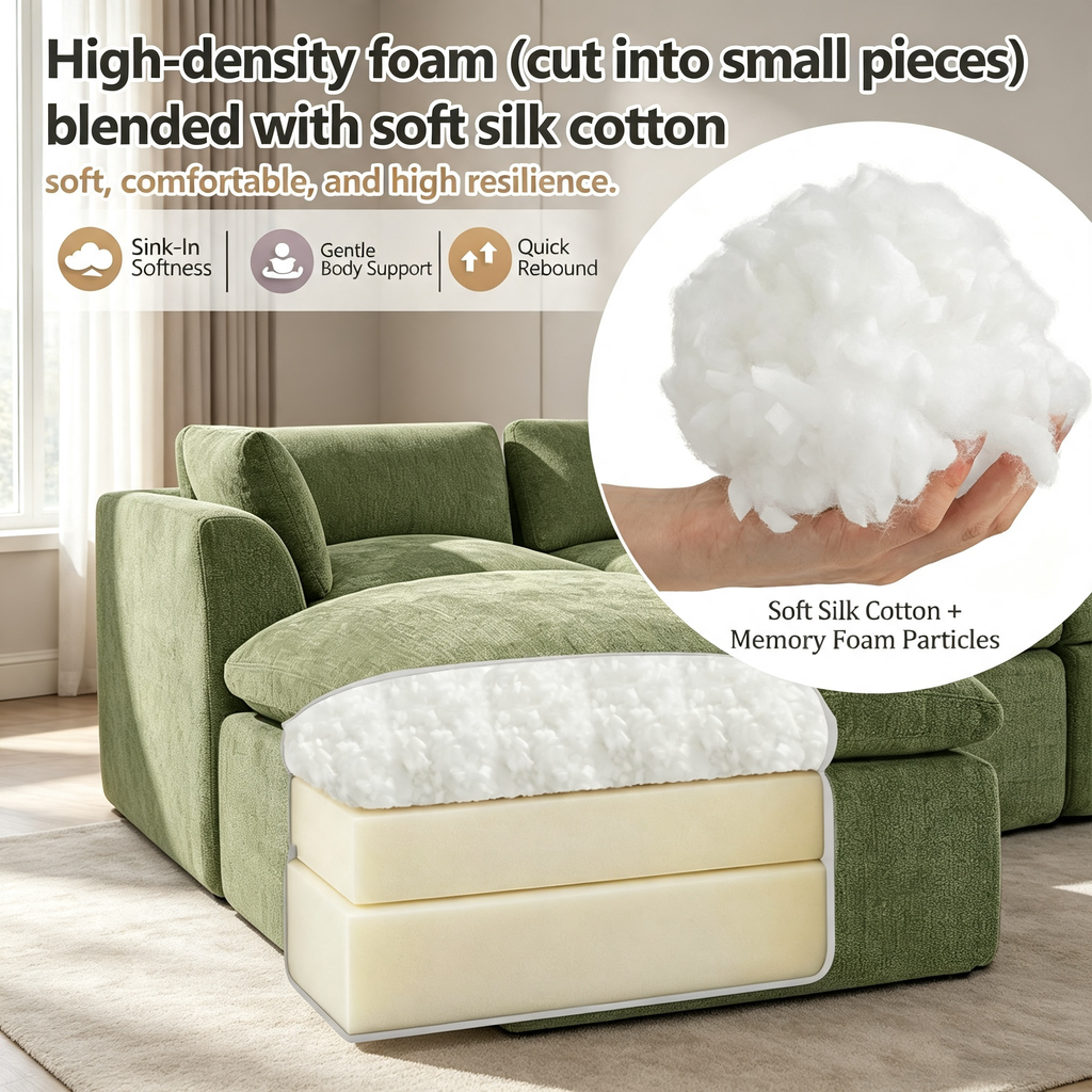110" Modular Sectional Sofa with Ottoman,Boneless Cloud Couch with Double-Layer Memory Foam and Chenille Fabric,Deep Seat Comfortable Sofa for Living Room,Olive Green,5 Seater- U shaped