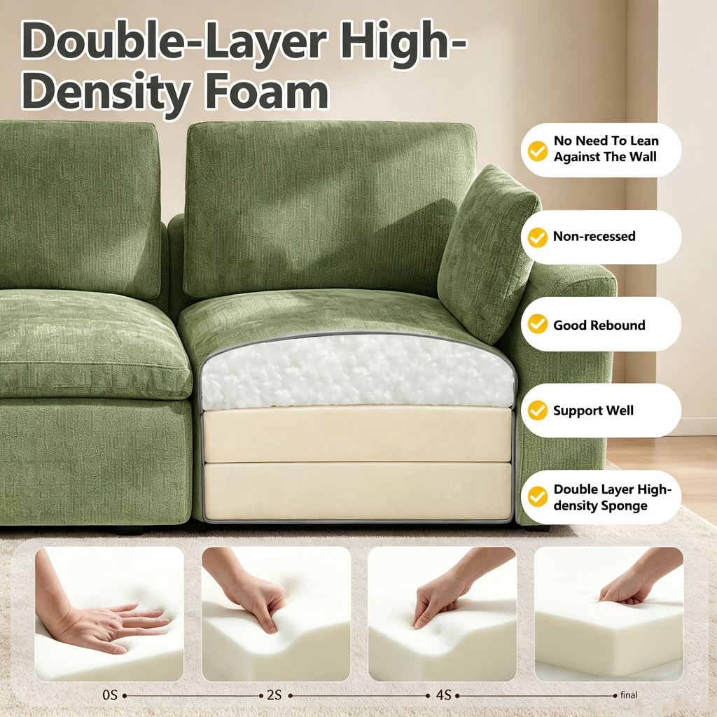 110" Modular Sectional Sofa with Ottoman,Boneless Cloud Couch with Double-Layer Memory Foam and Chenille Fabric,Deep Seat Comfortable Sofa for Living Room,Olive Green,5 Seater- U shaped