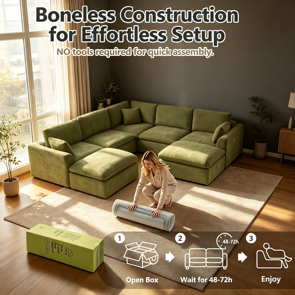 110" Modular Sectional Sofa with Ottoman,Boneless Cloud Couch with Double-Layer Memory Foam and Chenille Fabric,Deep Seat Comfortable Sofa for Living Room,Olive Green,5 Seater- U shaped