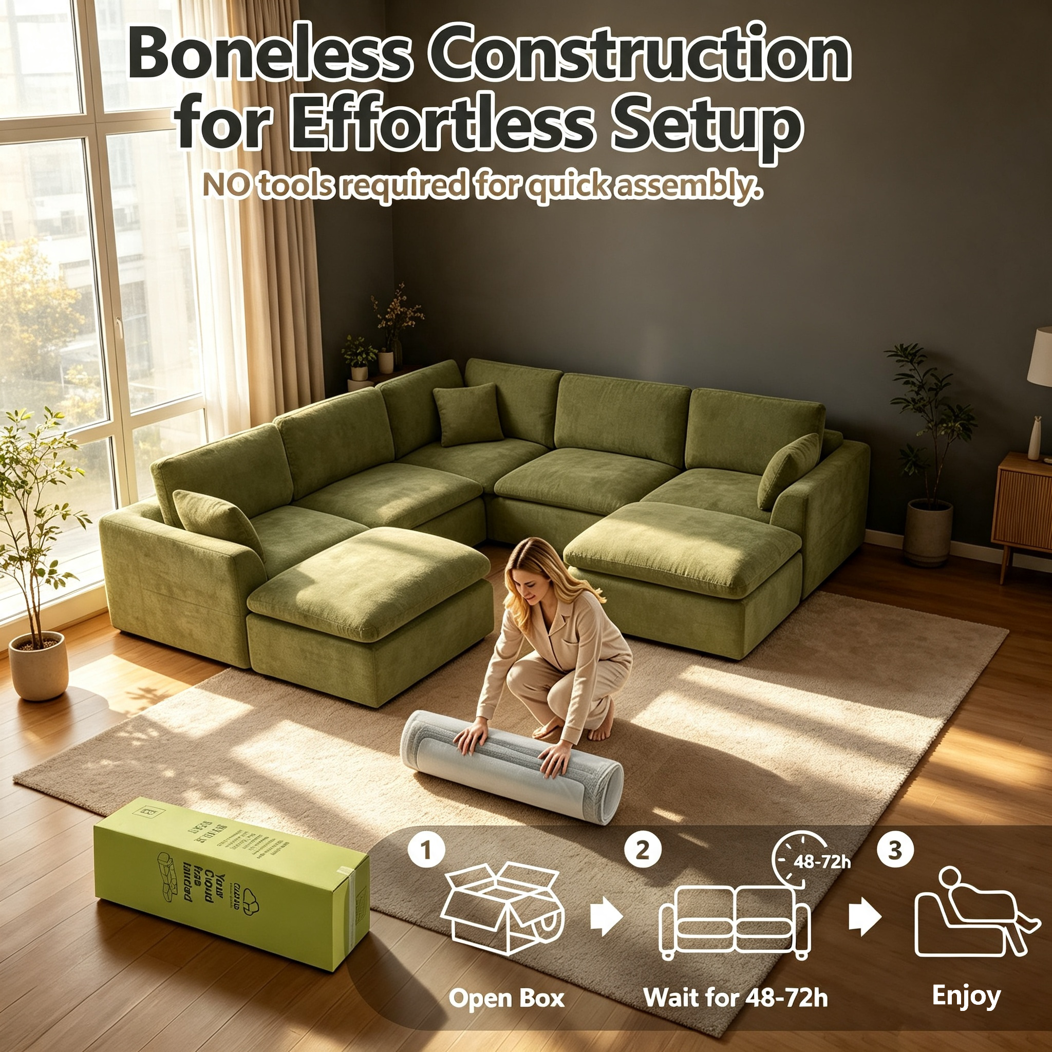 110" Modular Sectional Sofa with Ottoman,Boneless Cloud Couch with Double-Layer Memory Foam and Chenille Fabric,Deep Seat Comfortable Sofa for Living Room,Olive Green,5 Seater- U shaped