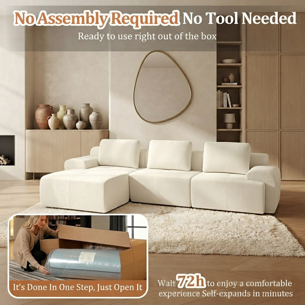 122" Modular Sectional Sofa,Cloud Couch with Extra Deep Seat & High Back,No Assembly,Soft Chenille Fabric,Memory Foam Couch for Living Room ,L shaped(3+1),Beige