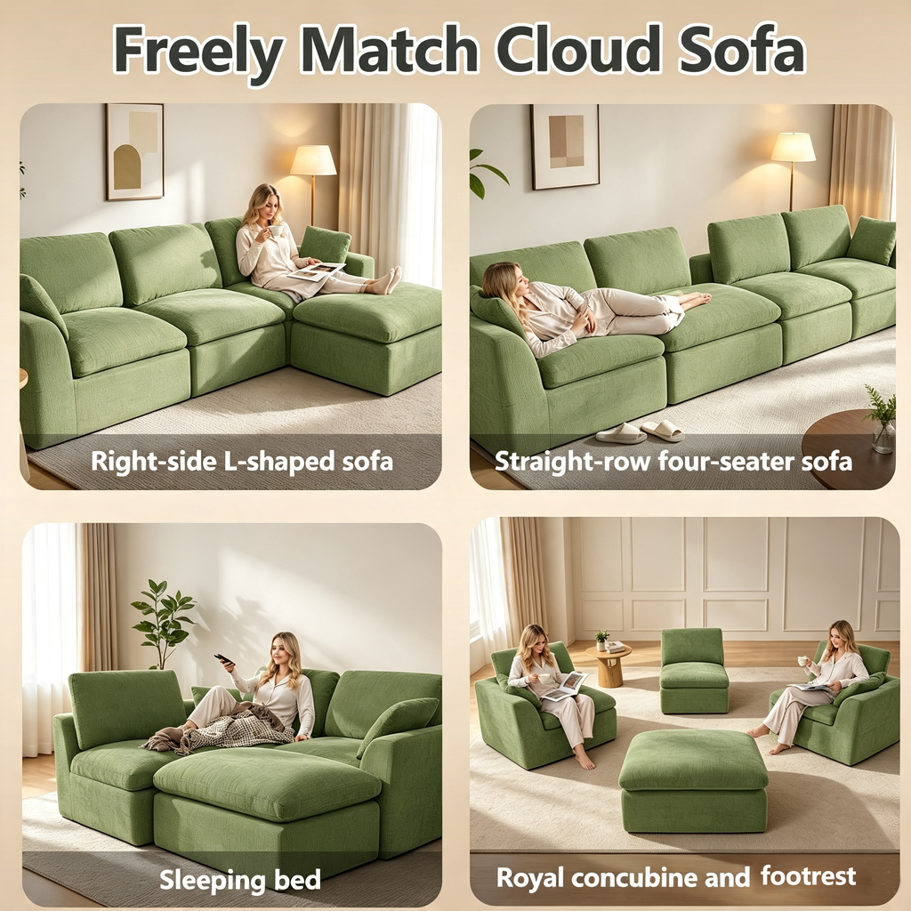 110" Modular Sectional Sofa with Ottoman,Boneless Cloud Couch with Double-Layer Memory Foam and Chenille Fabric,Deep Seat Comfortable Sofa for Living Room,Olive Green,5 Seater- U shaped