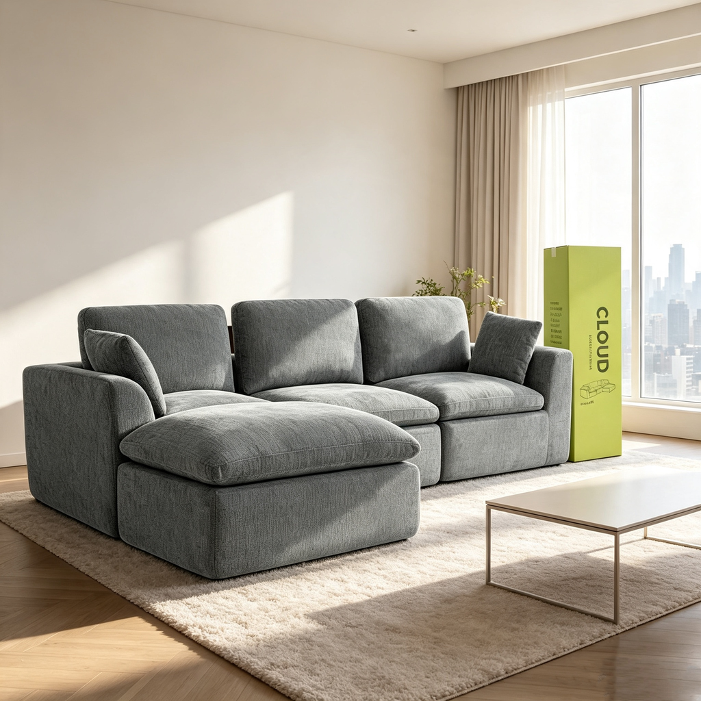 110" Modular Sectional Sofa with Ottoman,Boneless Cloud Couch with Double-Layer Memory Foam and Chenille Fabric,Deep Seat Comfortable Sofa for Living Room,Dark Gray,4 Seater L shaped