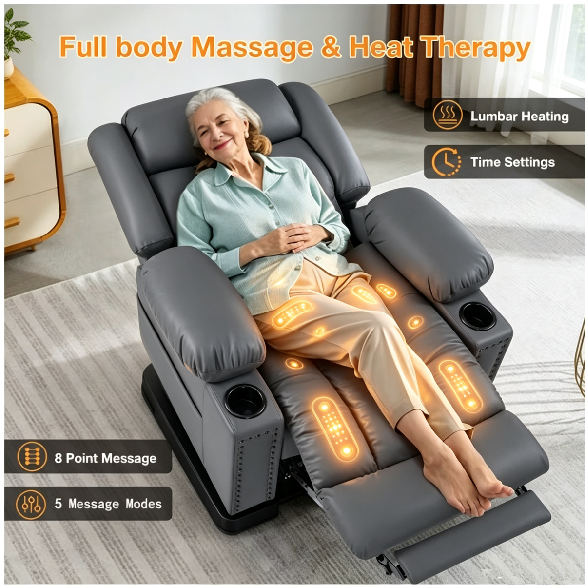 Triple Motor Power Lift Recliner Chair for Elderly with Heat & Vibration Massage,Extended Footrest,USB-A & USB-C Ports,Faux Leather,Grey