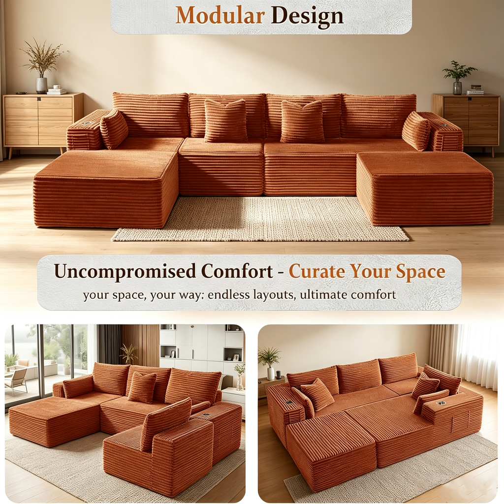 108"Modular Cloud Sectional Sofa with Chaise,Extra Deep Seat Corduroy Couch,Memory Foam,No Assembly,Living Room & Apartment,Orange
