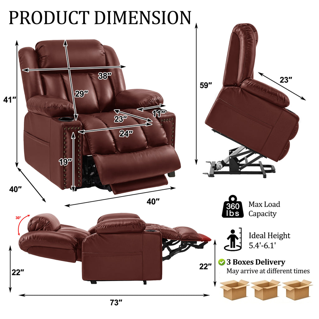 Triple Motor Power Lift Recliner Chair for Elderly with Heat & Vibration Massage,Extended Footrest,USB-A & USB-C Ports,Faux Leather,Grey