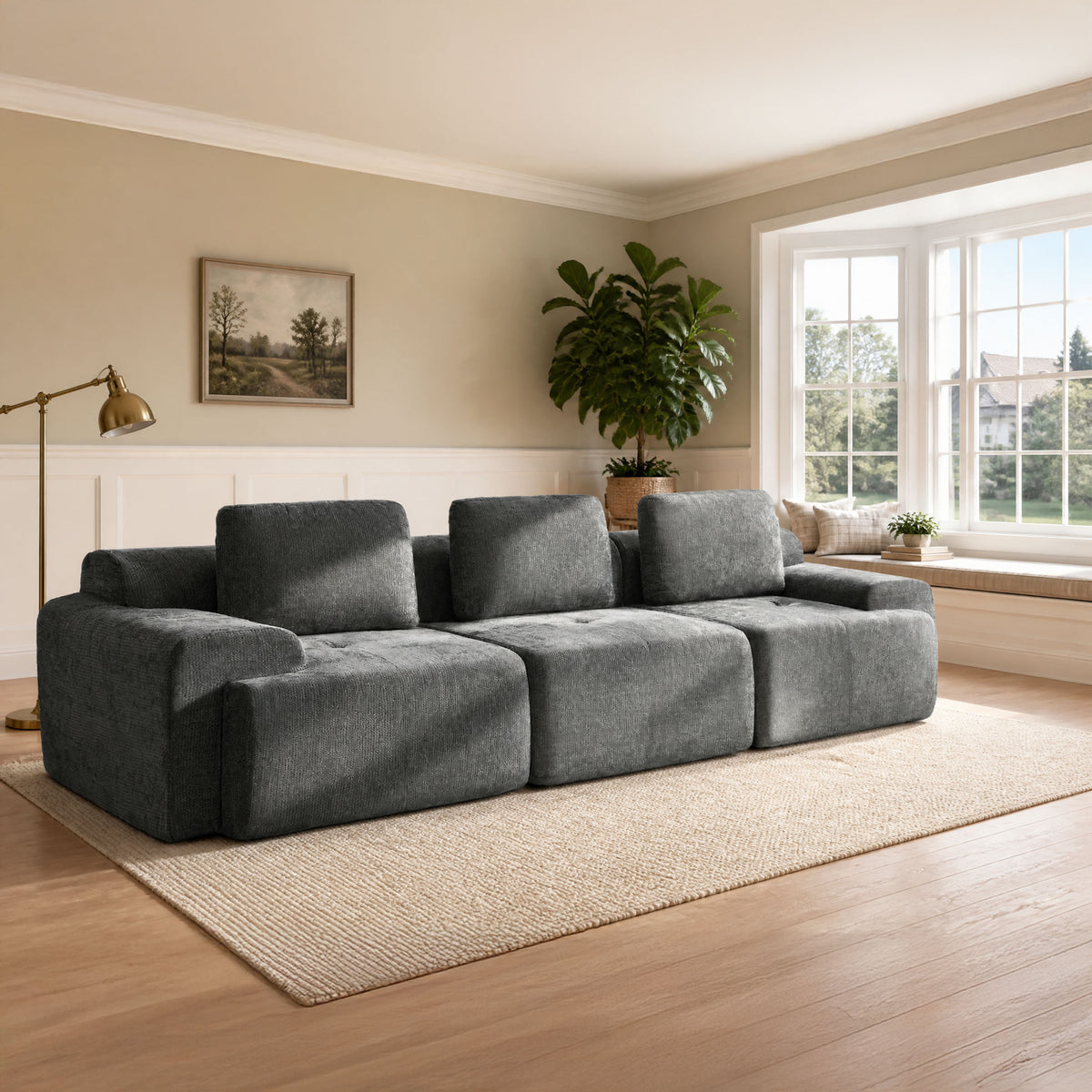122" Modular Sectional Sofa,Cloud Couch with Extra Deep Seat & High Back,No Assembly,Soft Chenille Fabric,Memory Foam Couch for Living Room ,(3+0),Dark Gray