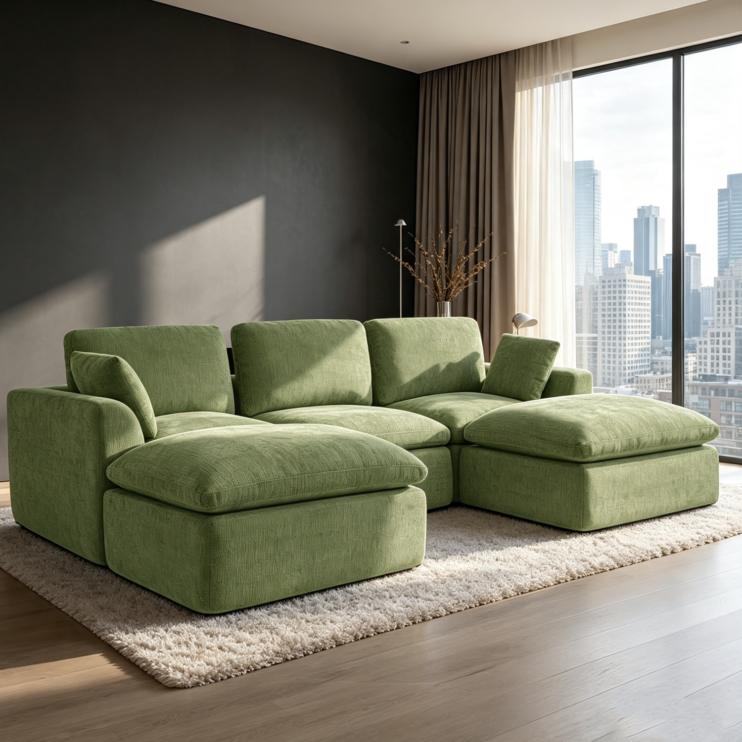 110" Modular Sectional Sofa with Ottoman,Boneless Cloud Couch with Double-Layer Memory Foam and Chenille Fabric,Deep Seat Comfortable Sofa for Living Room,Olive Green,5 Seater- U shaped