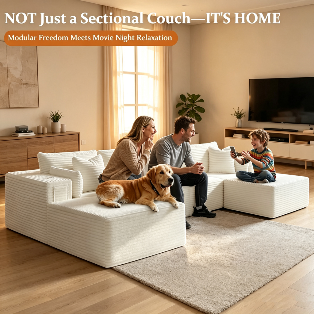 108"Modular Cloud Sectional Sofa with Chaise,Extra Deep Seat Corduroy Couch,Memory Foam,No Assembly,Living Room & Apartment,Beige