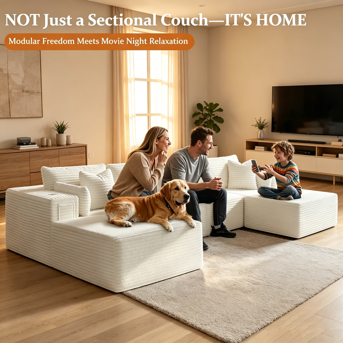 108"Modular Cloud Sectional Sofa with Chaise,Extra Deep Seat Corduroy Couch,Memory Foam,No Assembly,Living Room & Apartment,Beige