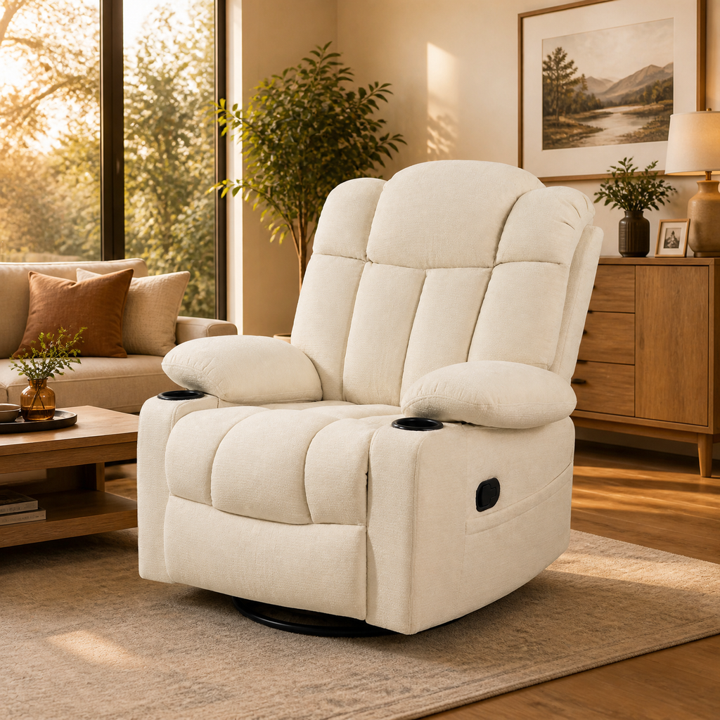 Swivel Rocker Recliner Chair for Adults with Heat & Vibration Massage, 360° Swivel Reclining Chair with Cup Holders, Pull-Out Footrest, Fabric Single Sofa for Living Room,Beige