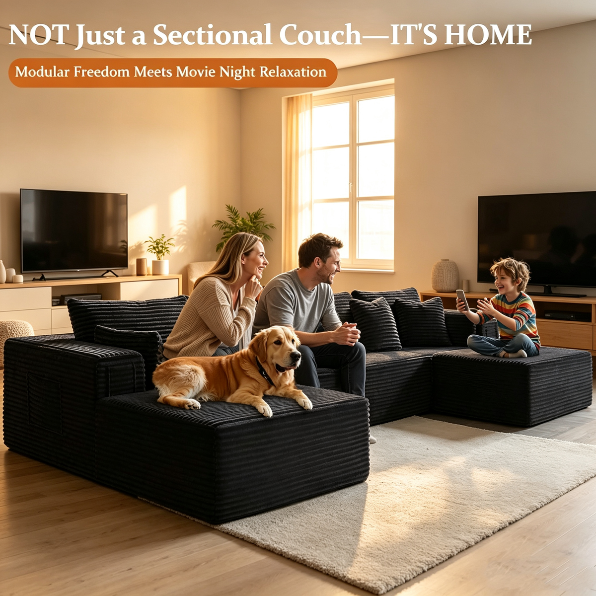 108"Modular Cloud Sectional Sofa with Chaise,Extra Deep Seat Corduroy Couch,Memory Foam,No Assembly,Living Room & Apartment,Black