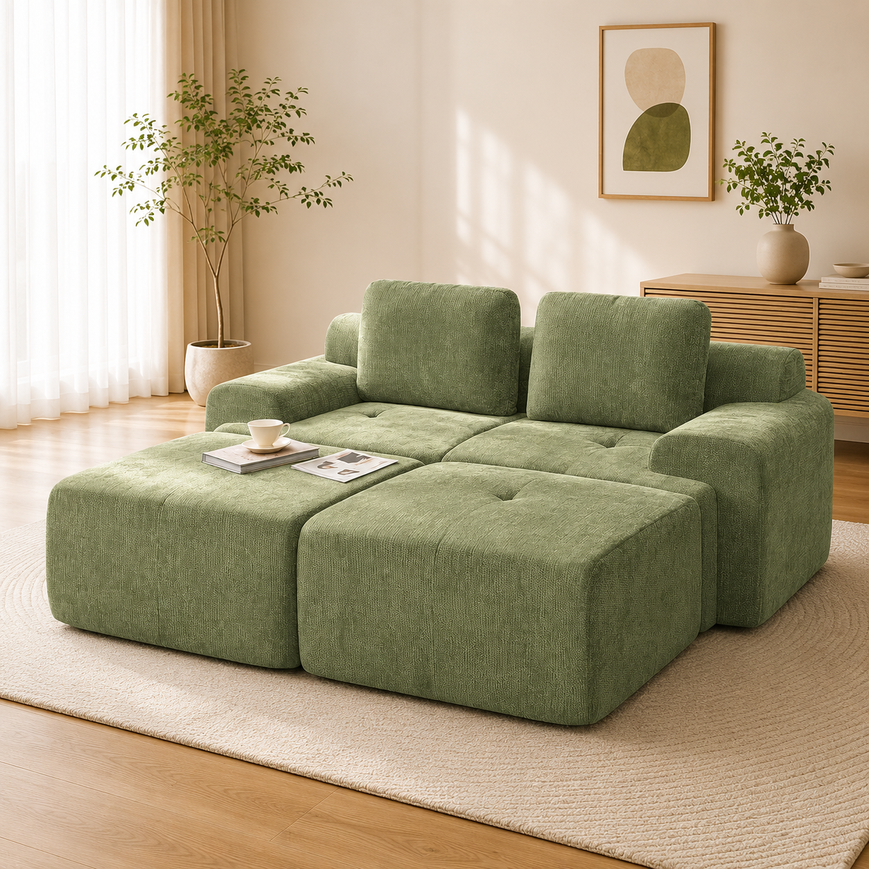 85" Modular Sectional Sofa,Cloud Couch with Extra Deep Seat & High Back,No Assembly,Soft Chenille Fabric,Memory Foam Couch for Living Room ,(2+2),Green