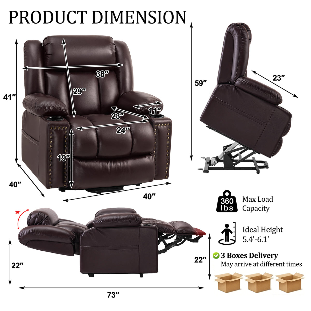 Triple Motor Power Lift Recliner Chair for Elderly with Heat & Vibration Massage,Extended Footrest,USB-A & USB-C Ports,Faux Leather,Dark Brown