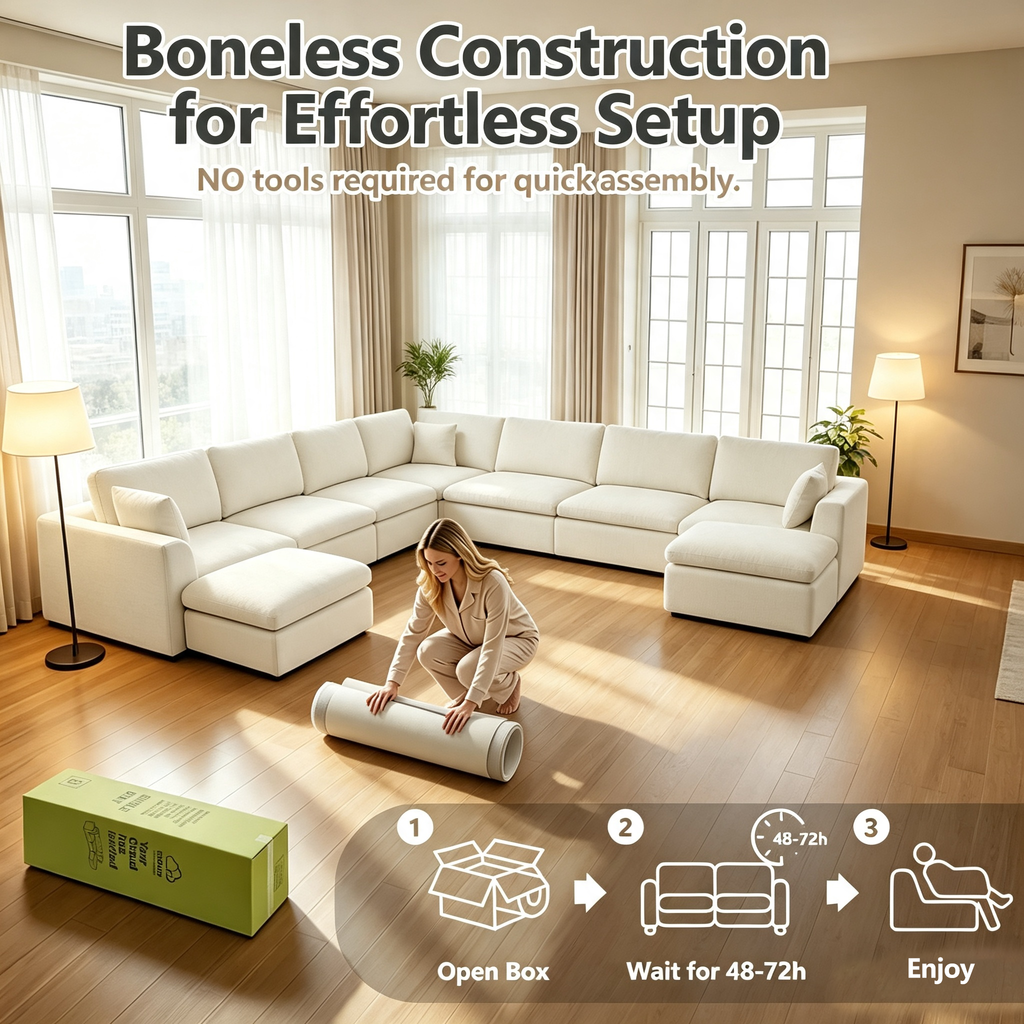 7-Seater Modular Sectional Sofa with Ottoman,Boneless Cloud Couch with Double-Layer Memory Foam and Chenille Fabric,Deep Seat Comfortable Sofa for Living Room,White,175 inch- U shaped