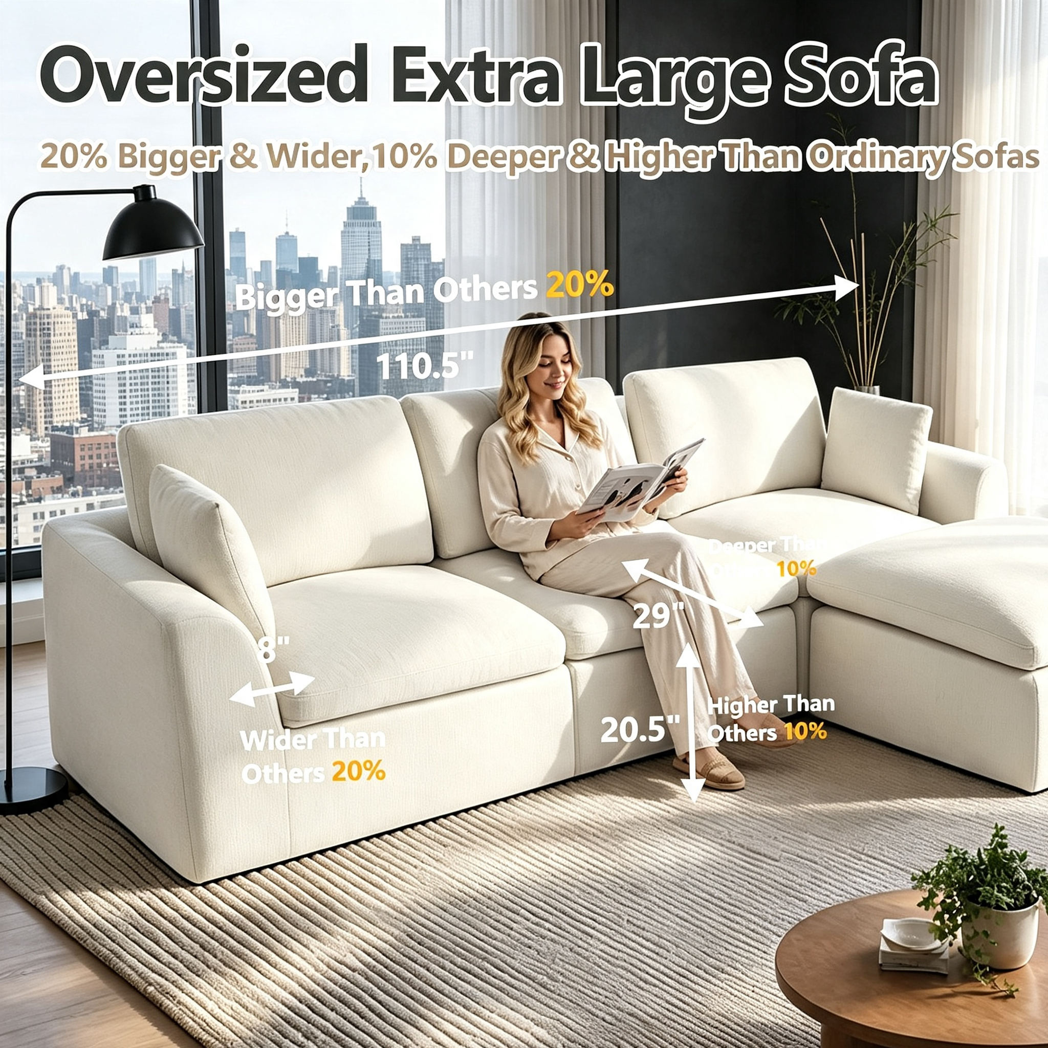 7-Seater Modular Sectional Sofa with Ottoman,Boneless Cloud Couch with Double-Layer Memory Foam and Chenille Fabric,Deep Seat Comfortable Sofa for Living Room,White,175 inch- U shaped