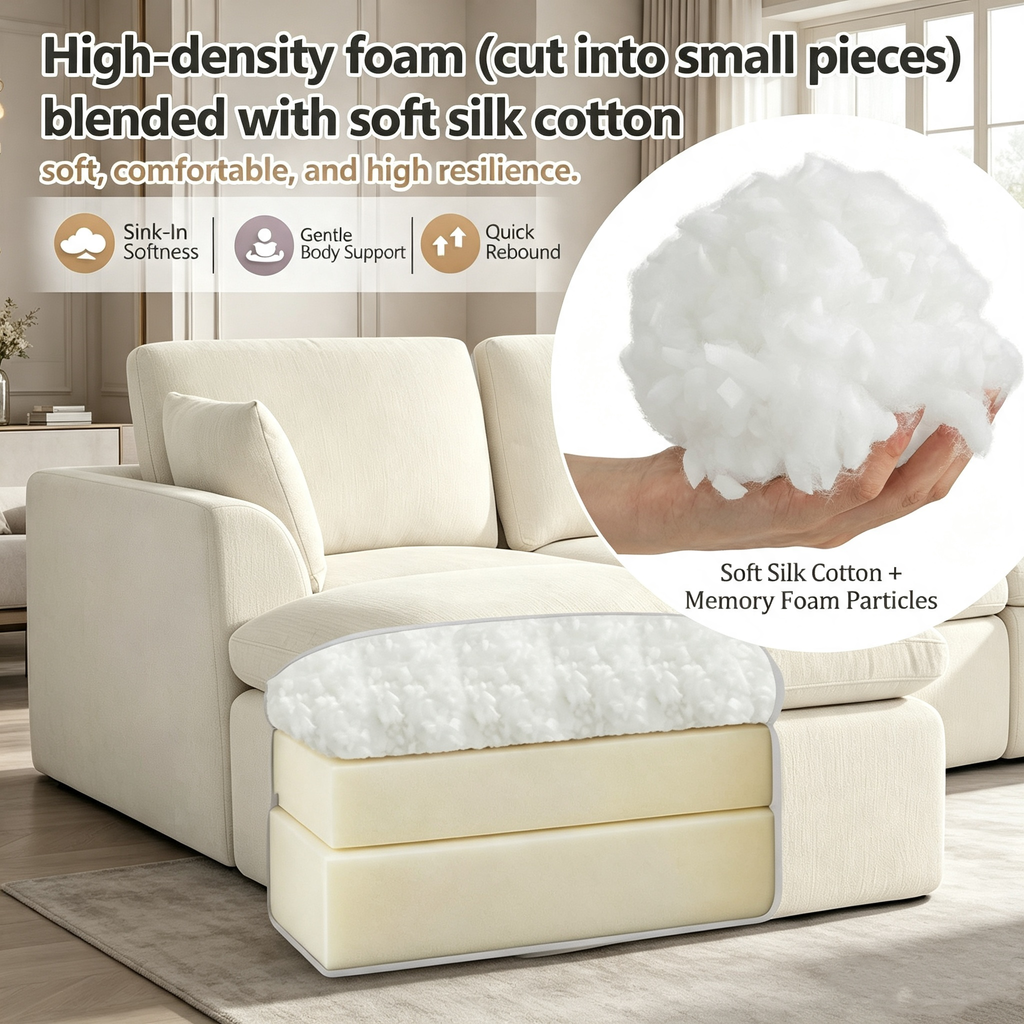 7-Seater Modular Sectional Sofa with Ottoman,Boneless Cloud Couch with Double-Layer Memory Foam and Chenille Fabric,Deep Seat Comfortable Sofa for Living Room,White,175 inch- U shaped