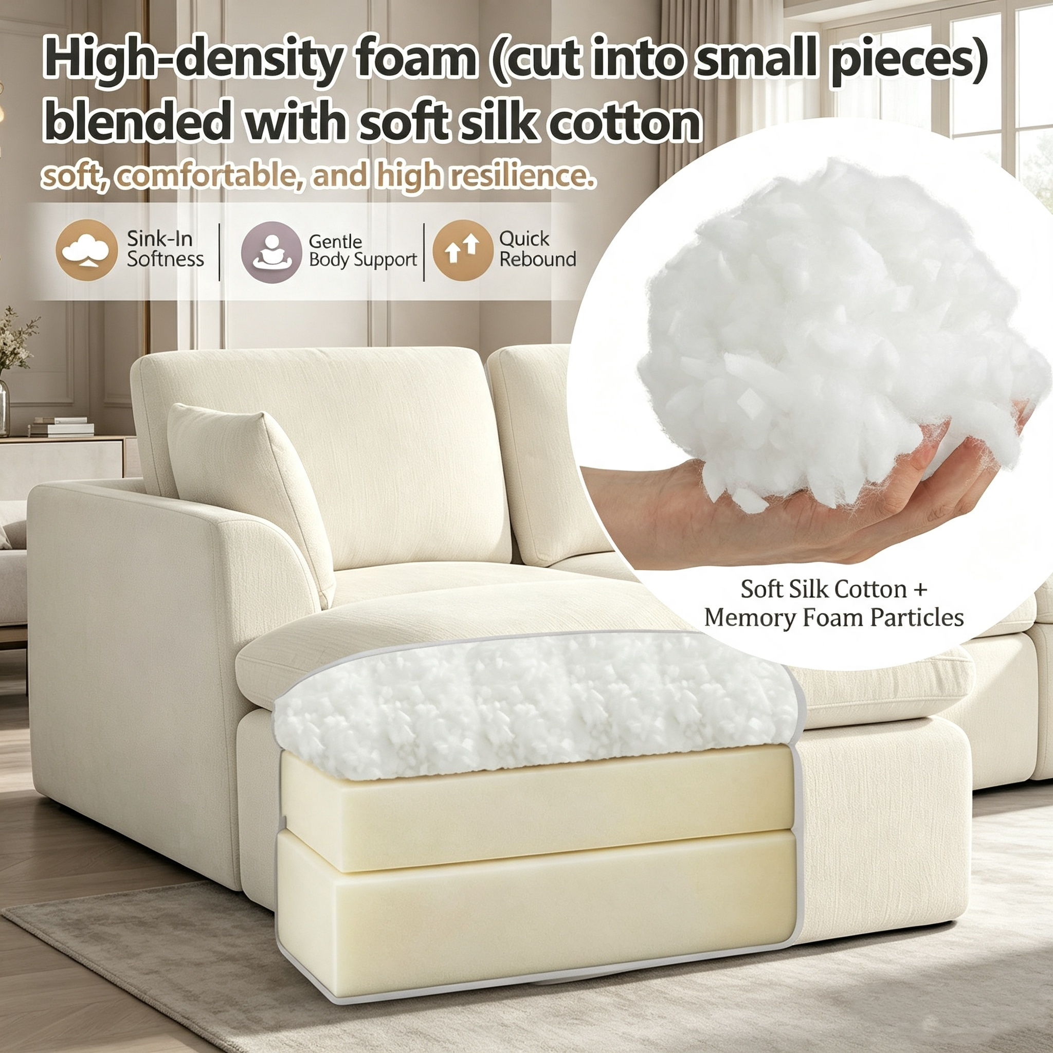 7-Seater Modular Sectional Sofa with Ottoman,Boneless Cloud Couch with Double-Layer Memory Foam and Chenille Fabric,Deep Seat Comfortable Sofa for Living Room,White,175 inch- U shaped