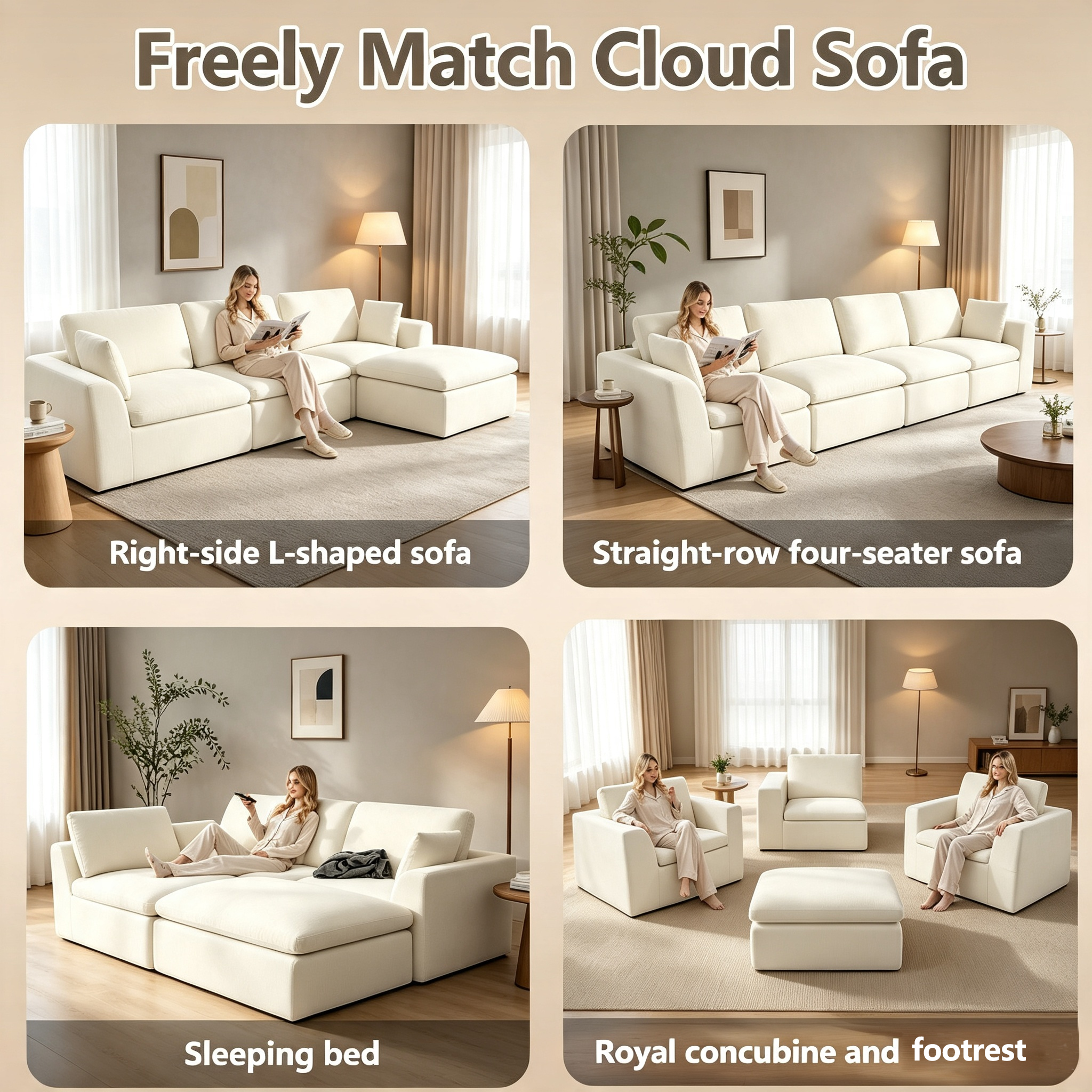 7-Seater Modular Sectional Sofa with Ottoman,Boneless Cloud Couch with Double-Layer Memory Foam and Chenille Fabric,Deep Seat Comfortable Sofa for Living Room,White,175 inch- U shaped
