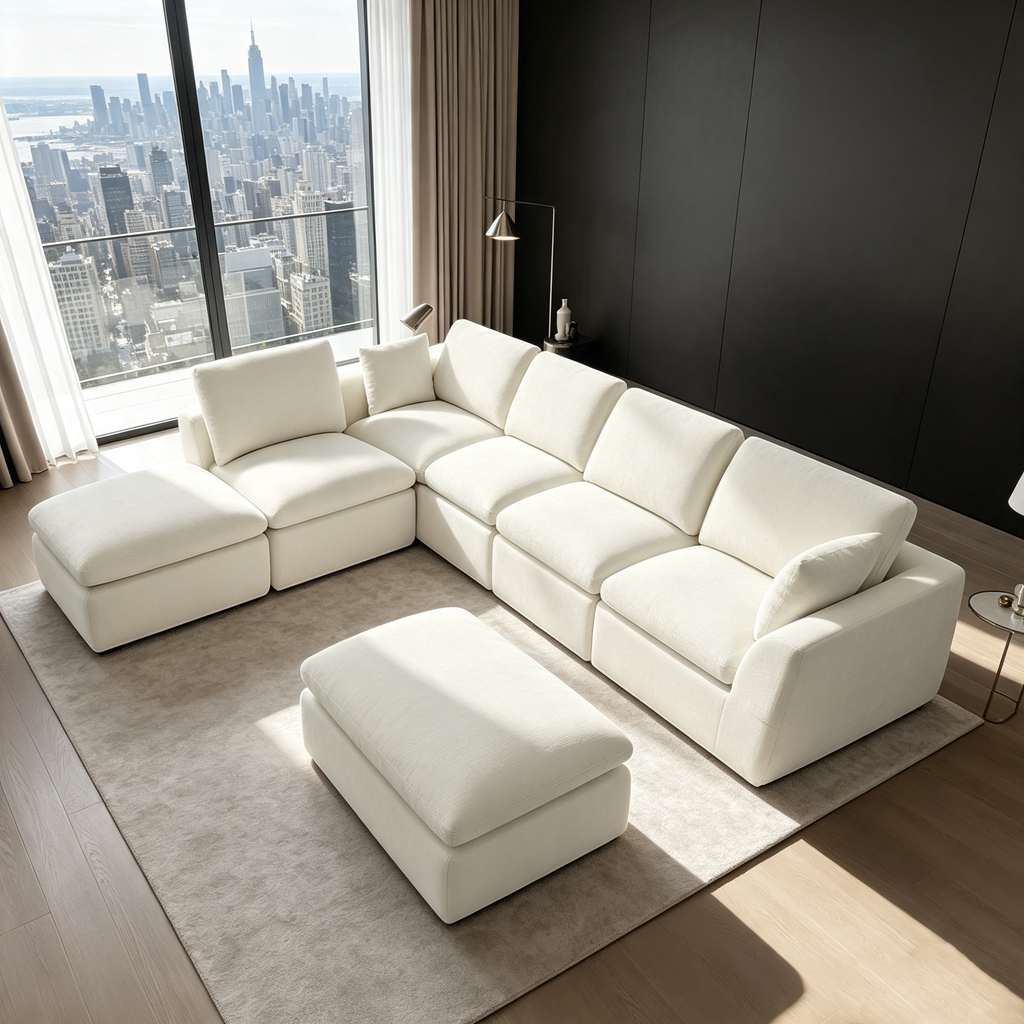 7-Seater Modular Sectional Sofa with Ottoman,Boneless Cloud Couch with Double-Layer Memory Foam and Chenille Fabric,Deep Seat Comfortable Sofa for Living Room,White,175 inch- U shaped