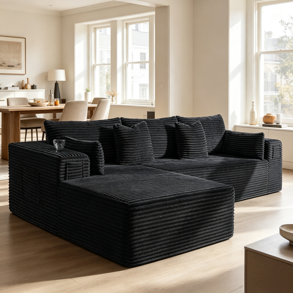 108"Modular Cloud Sectional Sofa with Chaise,Extra Deep Seat Corduroy Couch,Memory Foam,No Assembly,Living Room & Apartment,Black