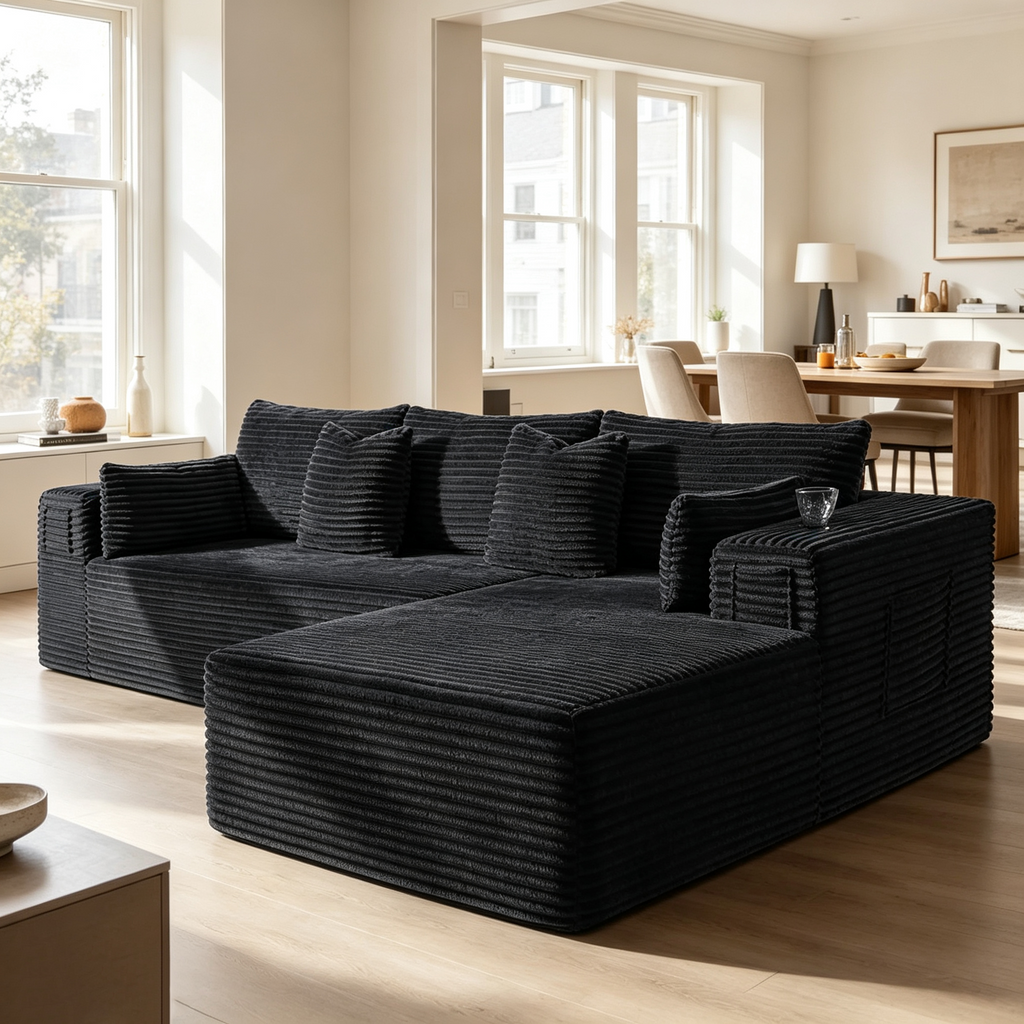108"Modular Cloud Sectional Sofa with Chaise,Extra Deep Seat Corduroy Couch,Memory Foam,No Assembly,Living Room & Apartment,Black