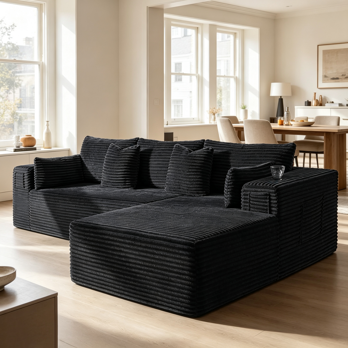 108"Modular Cloud Sectional Sofa with Chaise,Extra Deep Seat Corduroy Couch,Memory Foam,No Assembly,Living Room & Apartment,Black