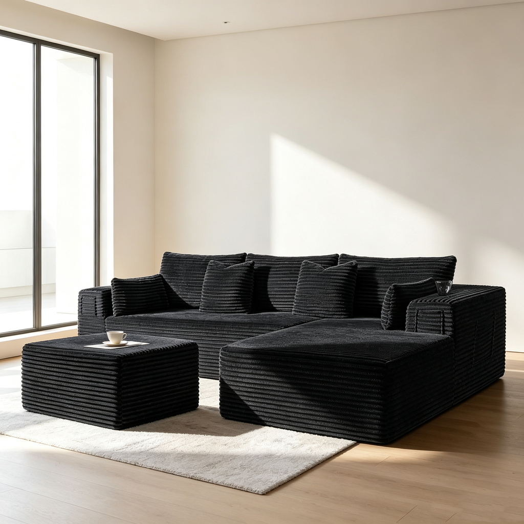 108"Modular Cloud Sectional Sofa with Chaise,Extra Deep Seat Corduroy Couch,Memory Foam,No Assembly,Living Room & Apartment,Black